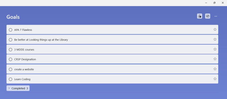 Screenshot of Bretts Microsoft To Do with creating a website listed among the goals